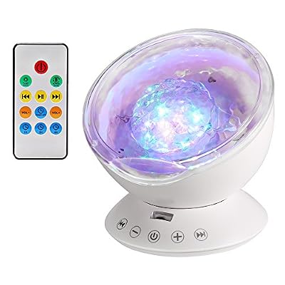 GRDE Lampe Projecteur LED, Simulation des Vagues Océan 7 Modes Veilleuse de Nuit avec Télécommande Mini Enceinte Intégrée (Blanc)