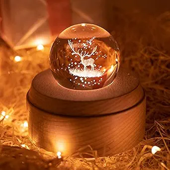 Abhsant Deer Crystal Ball Music Box Luminous Rotating 3D Musical Box/Globe with Projection LED Light and Wood Base Mechanism Musical Box Gift for Birthday Christmas Valentine's Day