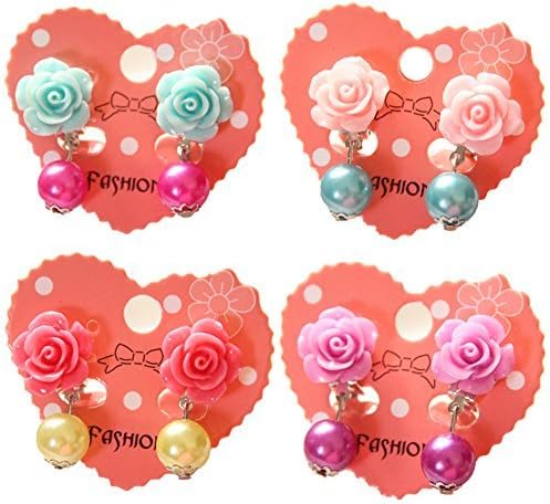 4pc Girl Earrings Clip-on Jewelry Set Value Party Favor Birthday Gift Pretend Play Princess dress up Rose Flowers Pendant No holes