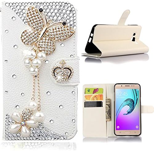 Samsung Galaxy J3 / Galaxy J3 (2016) Case, Happy360 Glitter Bling Diamonds PU Leather Wallet Flip Open Pocket ID Credit Card Holders/Cash Slots Case Cover, pearl butterfly
