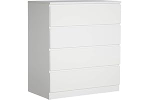 Home Source Chest of Drawers, High Gloss Finish Compact Bedroom Cabinet, Spacious Dresser Storage, 4 Drawer, White
