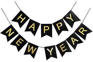 Oblique Unique® Happy New Year Wimpel Girlande Banner Wimpelkette Hängedeko für Silvester Neujahr Party Feier Deko Schwarz Gold