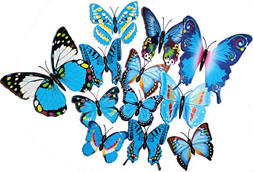 Frühlingshafte Dekoration: 12 Stk. 3D-SCHMETTERLINGE ~~BLAU~~ Zum Befestigen per Magnet oder Klebepad
