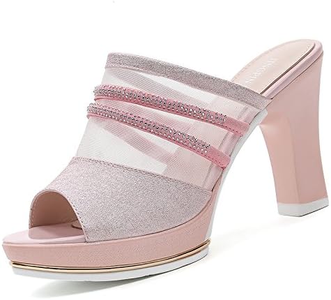 KPHY-10Cm High Heels Slippers Summer Netting Outside Wear Sandals Thick Heels Thick Bottomed Wild Women'S Shoes.Thirty-Four Pink