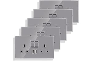 JIMEIDA 5 Pack Double Switched Socket 13 Amp with 2 USB Charging Ports Crystal Glass Panel Wall Outlet Electric Power Socket