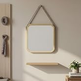 Askılı Ahşap &Ccedil;er&ccedil;eveli Kare Ayna 32x42 cm &ndash; Deri Askılı Duvar Aynası, Modern Minimal Dekoratif Ayna, Antre Banyo Yatak Odası 