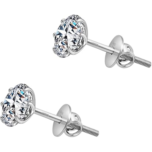 HIGHSPARK 925 Silver Solitaire Screwback Stud Earrings | 92.5 Sterling Silver & Round Brilliant Cubic Zirconia Tops for Men Women