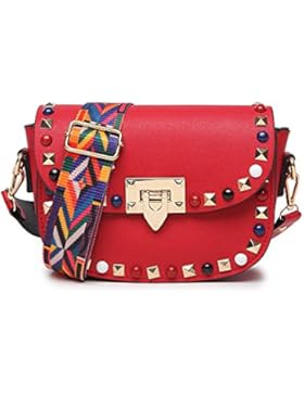 Damen Handtasche Nieten Umhängetasche PU Leder und Schultergurt aus Farbigem Stoff 19x13x5 cm (B x H x T)