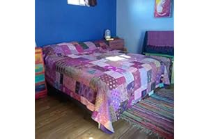 SOPHIA-ART Handmade Vintage Khambadiya Print Hand Jari Patchwork King/Twin Size Embroidery Kantha Quilt Home Decorative Khambadiya Kantha Quilt Kantha Bedspread Indian Blanket Coverlet (Purple, 90"*108")