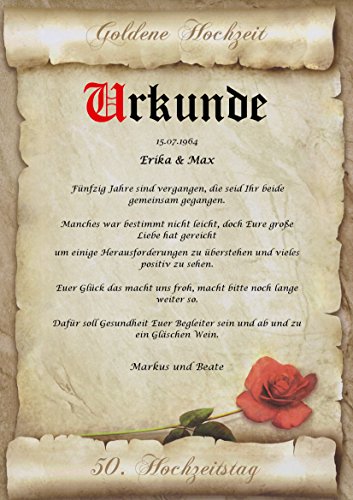 Goldene Hochzeit Urkunde persönliche Geschenk Karte zum 50. Hochzeitstag Pergament div. A4 Papier Motive - 2