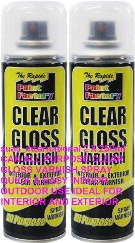 suas_international 2 X 250ml CAN ALL PURPOSE CLEAR GLOSS VARNISH SPRAY QUICK & EASY INDOOR OUTDOOR USE IDEAL FOR INTERIOR AND EXTERIOR NO CFC.s