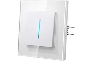 MVAVA Lichtschalter Unterputz, Lichtschalter mit Blaue Leuchtstreifen, Moderne Glas Schalter, Einfache Montage 86mm*86mm Wandschalter, 1 Fach 1 Weg Weiß