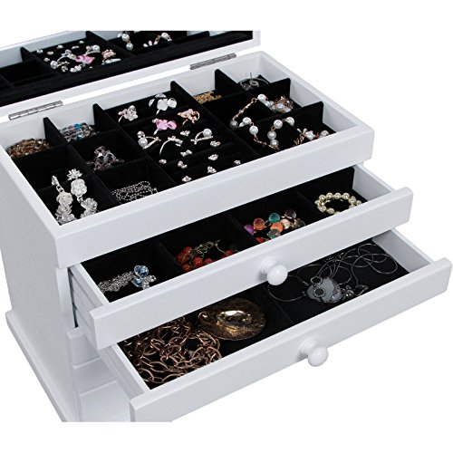 Songmics XXL Schmuckkasten Schmuckkoffer 6 Ebenen mit 5 Schubladen mit Spiegel Holz(MDF) weiß JBC55W - 4