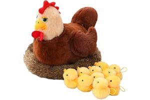BYNYXI Pluszowy kurczak z niemowlęciem pisklęta, 32 cm, pluszak, kura z 10 żółtymi pisklętami i kurnikiem, wypchana kura, pluszowa zabawka, realistyczna kura, kura, przytulanka, dekoracja dla dzieci,