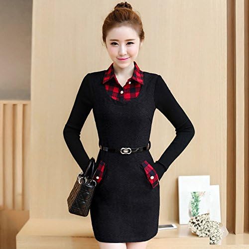 Y dress Autumn and Winter Dress Shirt Collar Knift Long Sleeves Splicing Waist Skirt,Black,XL