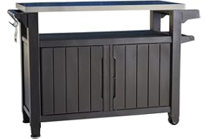 ‎KETER Keter Unity XL BBQ Beistelltisch, Abmessungen 134x51.7x89.6cm, grau, wetterfest, Arbeitsplatte aus Edelstahl, Outdoor Sideboard, perfekt für das Grillen im Frühling