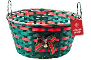 GEM IMPORTS Forest Green with Red Detail Christmas Wicker Basket with Handles & Bell 30cm – Hand-Woven Bamboo Festive Storage Basket, Gift Hamper & Decorative Xmas Display