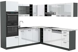 Vicco Cocina esquinera R-Line, Blanco Brillo/Antracita, 237 x 247 cm, ET Mármol
