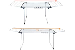 CORIBI Étendoir à Linge XXL Plus- Extensible jusqu'à 2 m - capacité 30 m - Ailes Hautes - Deux Accessoires Porte-Chaussettes