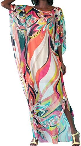 Yiyada Women Sexy Bohemia Artistic Colorful Floral Print Chiffon Beach Kaftan SmockSwimwear Cover-up Pareos beach dresses Sarong