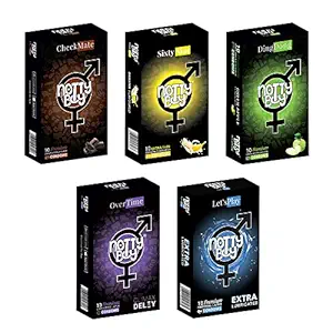 NOTTY BOY Exciting Honeymoon Condoms Package - Ultra Thin Banana, Chocolate, Green Apple, Climax Delay, Extra Lubricated - (5x10s)