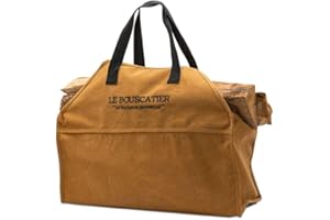 LE BOUSCATIER Sac de transport bois de chauffage, robuste et résistant pour bûches - 60x46x26cm de 50L. Panier multi usage extra large, accessoire pour poêle, cheminée insert ou brasero barbecue (Camel)