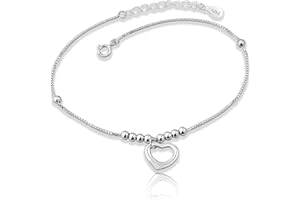 QttvbTna 925 Sterling Silver Women's Anklets, Heart Love Beaded Ankle Bracelets for Women, Sterling Silver Ankle Bracelets for Women, Adjustable Beach Foot Chain Jewelry Gift for Summer Day