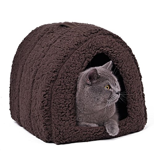 PAWZ Road Cama para mascotas, cama solida con forro polar con asa superior ultrasuave y acogedora, lavable, apta para gatos y perros, Marron 33*42*33cm