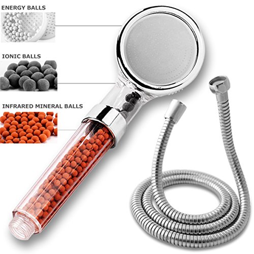 Ekoly - Conjunto T1 Alcachofa ducha de mano filtro mineral de iones de alta presión con Manguera inoxidable flexible