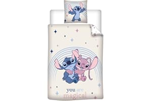 AYMAX Juego de cama Stitch & Angel Magical, 1 persona, funda nórdica reversible de 140 x 200 cm + funda de almohada de 65 x 65 cm