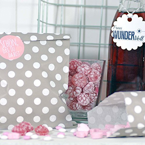 25 Frau Wundervoll Papiertüten / Geschenktüten / Candy Paper Bags – hellgrau/taupe mit weißen Punkten – - 3