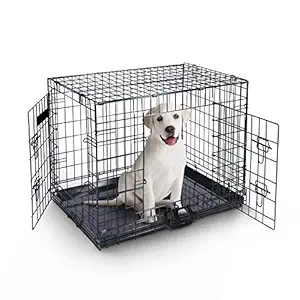 30 Inch Dog Crate - Folding Metal Dog Cage with 2 Doors (Front & Side), Chew Resistant Plastic Base Tray & Carrier Handle, Pet Crates for Small, Medium & Large Dogs, Perfect for Puppy Training - Black