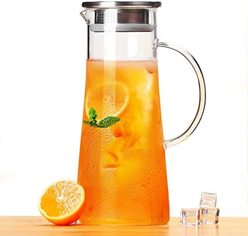 YOIFO 1.5L Glass Water Pitcher, Ice Cold Juice Carafe with Stainless Steel Lid and Infuser, Ice Tea Pot Borosilicate Glass Jug Kettle for Milk,Red Wine,Wine,Juice,Ice Cold Water,Hot Coffee,ect