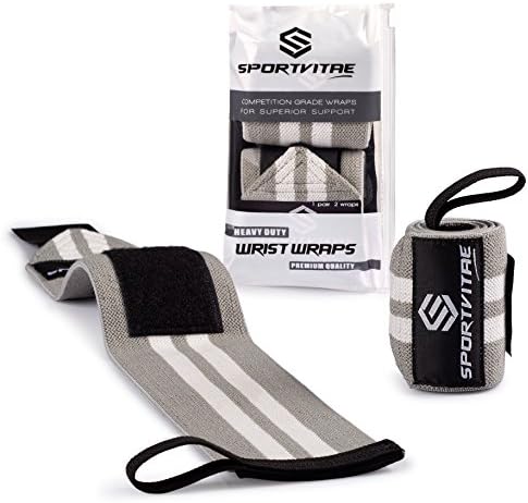 SPORTVTAE Elastic High Resistance Wrist Wraps 18" (45 cm) Heavy Duty Wrist Wraps | Crossfit | Weightlifting | Powerlifting | Kettlebells | Weight Lifting Support and Protection - Ideal For Wrists. Includes FREE Carry Bag. (Light Grey / White Stripes)