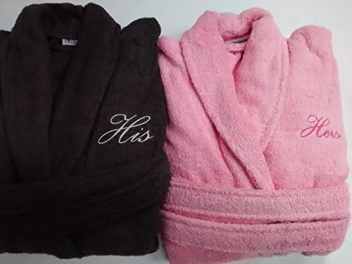 HIS &amp; HERS TERRY BATHROBES EMBROIDERED CHARCOAL DARK GREY &amp; SOFT PINK SUPERIOR 500 GSM FREE SIZE X LARGE WILL FIT 48" CHEST MEN AND LADIES SIZE 16
