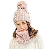 NPRADLA 2018 2 Stücke Damen Winter Warm Gestrickte Venonat Beanie Mütze + Schal Warm Halten Set(One Size,Rosa)