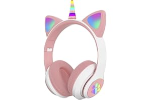 WikiMark Auriculares Unicornio Iluminado con Luces Led y Orejas de Gato, Bluetooth V5.0, Inalámbricos para Niños y Niñas con Limitación de Volumen. Puedes Responder Llamadas, (Blanco-Rosa)