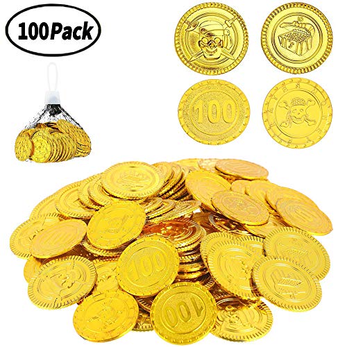 XUNKE Goldmünzen Piratenschatz, 100 Stück Piraten Goldmünzen/Gold Taler/Goldmünzen Deko/ Goldmünzen Kinder, für Piraten Party Kindergeburtstag Dekoration