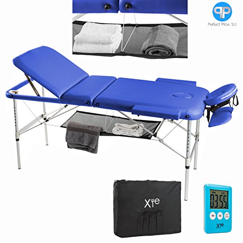 Camilla de masaje, 3 zonas, de aluminio, portátil y reclinable, con temporizador y toallero incluidos, color azul