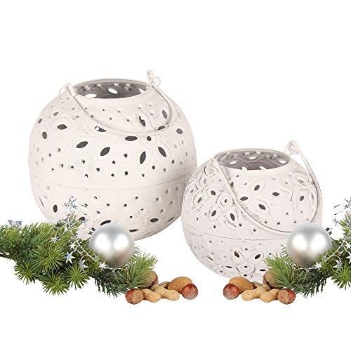 Windlicht weiss Laterne Shabby Gartenlaterne rund Teelicht Kugel PILVI 2 Grössen (2er-Set: Gr.S+Gr.L) - 3