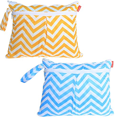 Damero 2pcs/pack Cute Travel Baby Wet and Dry Cloth Diaper Organiser Bag, Yellow Chevron+Blue Chevron