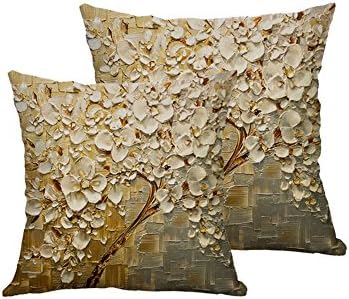 Versub Oil Painting Home Decorative Cotton Linen Throw Pillow Cover Cushion Case Square Pillowslip for Party Wedding Birds Flowers 18 X 18'' (2 PCS, Flower5)