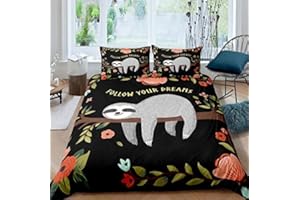 Loussiesd Faultier 155x220 cm Bettwäsche Set Kinder Faultier Tiere Bettbezug Tropische Blumen Blätter Bettwäsche Set Schwarz für Jungen Mädchen Mikrofaser Betten Set Netter Karikatur Faultier