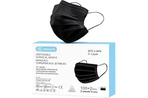 MEDI SANTÉ Lot de 100 + 2 Masque Noir Chirurgical médical jetable en Noir Masque de Protection Type IIR EN14683-2019, BFE≥98%, 3 Plis