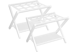Heybly Luggage Rack, Pack of 2, Folding Suitcase Stand with Storage Shelf, Heavy-Duty Luggage Holder for Guest Room Bedroom Hotel, Holds up to 141 lb, White, HLR010W2