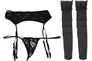 PBAHAUP Liguero y tanga sexy para mujer, 1 juego de 3 piezas, vestido con liguero de encaje para mujer, liguero + tanga + conjunto de medias, regalos de San Valentín para niñas y parejas, negro