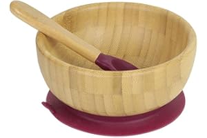 BIOZOYG Juego de Bols de Bambú Redondo I Bol con Ventosa y Cuchara - Certificado FSC I Tazón de Papilla y Cereales para Bebés y Niños I Vajilla Redonda Rojo