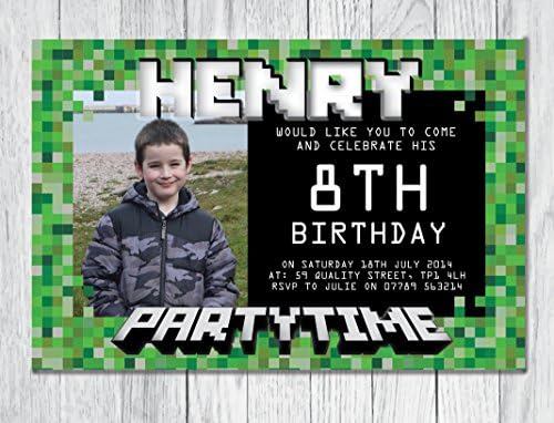 10x Personalised Children's Party Invites with Envelopes. Game Theme