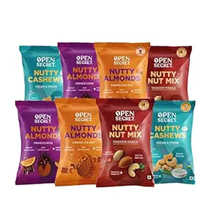 Open Secret Mini Nuts Pack - Caramel Sea Salt & Orange Cocoa Almonds, Cream & Onion Cashew, Tandoori Nuts | Roasted Diet Dry Fruits Snacks|Immunity Boosters for Adults, Kids|Healthy Gift|23g x 8 Packs