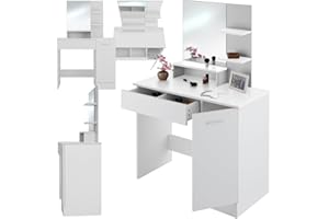 TecTake® tocador de Maquillaje con Espejo Grande, 3 estantes Abiertos, cajón Inferior, Compartimento Lateral, Gran Resistencia, Superficie Resistente, Espejo tocador, Mesa Maquillaje - Blanco